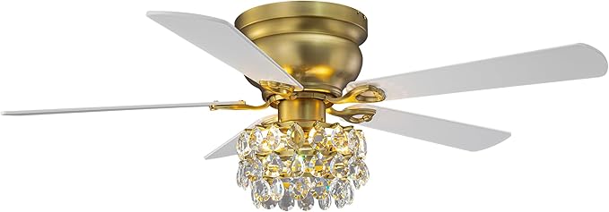 48" Crystal Ceiling Fan with Light and Remote, Brass Flush Mount Chandelier Ceiling Fan, 5-Blade Quiet Reversible AC Motor, Vintage Crystal Fandelier for Living Room Bedroom Dining Room