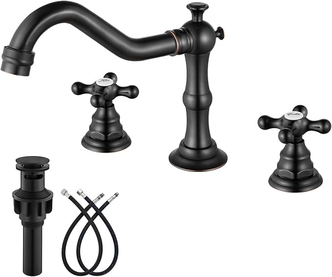 gotonovo Bathroom Faucet 3 Hole 8 Inch Widespread Bathroom Sink Faucet 2 Cross Handles Vintage Lavatory Vanity Mixer Tap with Pop Up Drain, Round Font Label, Oil-Rubbed Bronze