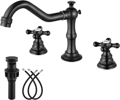 gotonovo Bathroom Faucet 3 Hole 8 Inch Widespread Bathroom Sink Faucet 2 Cross Handles Vintage Lavatory Vanity Mixer Tap with Pop Up Drain, Round Font Label, Oil-Rubbed Bronze