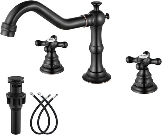 gotonovo Bathroom Faucet 3 Hole 8 Inch Widespread Bathroom Sink Faucet 2 Cross Handles Vintage Lavatory Vanity Mixer Tap with Pop Up Drain, Round Font Label, Oil-Rubbed Bronze