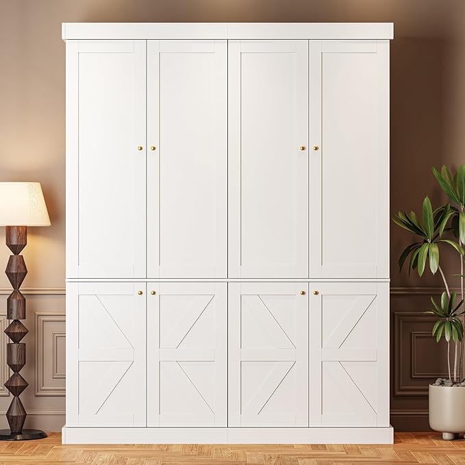 70.8" Tall Farmhouse Kitchen Pantry Cabinet with Doors, Modular Storage Cabinet with 4-Tier Adjustable Shelves, Wooden Hutch for Kitchen or Living Room, Set of 2, White