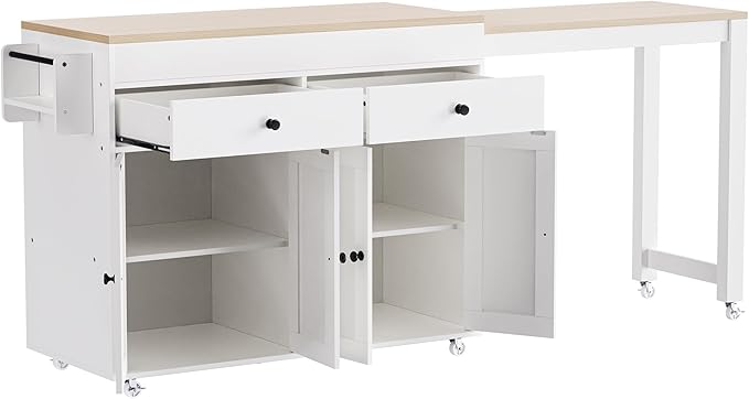 74.5" inch Rolling Kitchen Island with Extendable Dining Table with Extendable Dining Table for 2-4 with Spice Rack and 2 Drawers, Kitchen Storage with 4 Door Cabinet (White)