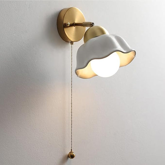Pull Chain Sconce Light Vintage Ceramic Wall Lamp with Pull Chain Switch White Glass Shade Gold Brass Sconces Ceramic Lighting Fixture for Bedroom Living Room Study Aisle