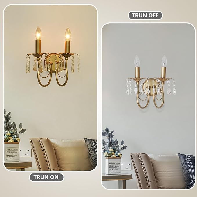 Crystal Wall Sconce Vintage Candle Wall Sconces Gold Wall Lamp Antique Sconces Hardwired Wall Lighting Vanity Light Victorian Wall Sconce Lighting for Living Room Hallway Bathroom Bedroom