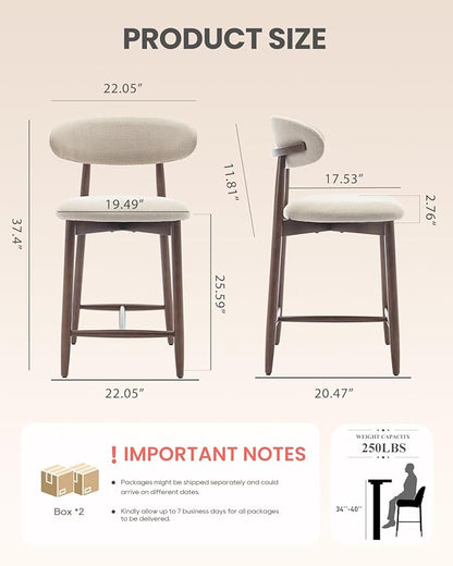 COLAMY Counter Height Bar Stools Set of 4, Kitchen Bar Stools with Back, Mid Century Modern Upholstered, with Wood Legs for Kitchen Island Dining Room, Beige