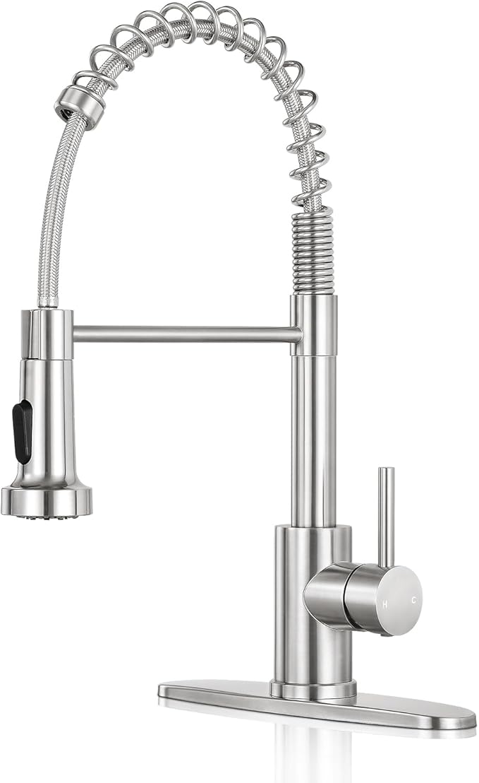 Kitchen Faucet with Pull Down Sprayer,Commercial Single Handle Stainless Steel Kitchen Faucets with Deck Plate (Brush Nickel)