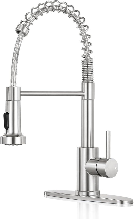 Kitchen Faucet with Pull Down Sprayer,Commercial Single Handle Stainless Steel Kitchen Faucets with Deck Plate (Brush Nickel)
