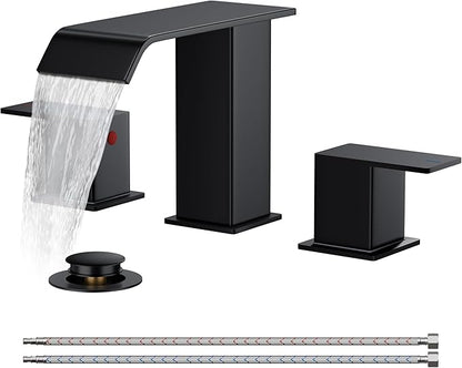 FORIOUS Bathroom Faucets 3 Hole, Matte Black 8 Inch Widespread Bathroom Sink Faucet Waterfall Spout, with Pop Up Drain and Water Supply, Suitable for Vanity Rv Commercial Lavatory Restroom