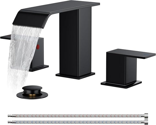 FORIOUS Bathroom Faucets 3 Hole, Matte Black 8 Inch Widespread Bathroom Sink Faucet Waterfall Spout, with Pop Up Drain and Water Supply, Suitable for Vanity Rv Commercial Lavatory Restroom