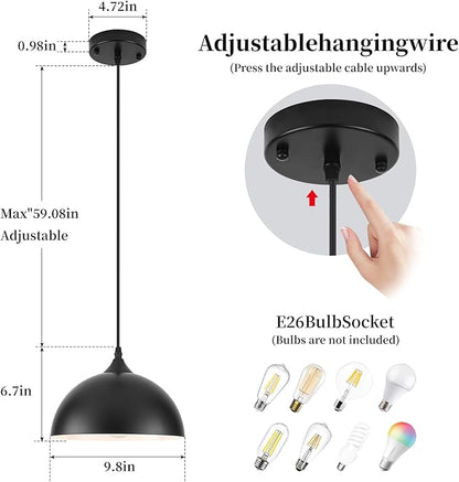 9.8 inch Kitchen Pendant Light 3 Pack, Black Dome Pendant Lights Kitchen Island, Farmhouse Kitchen Island Light, Modern Pendant Lights for Kitchen Island Dining Room Bedroom