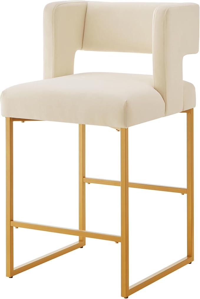 Counter Height Bar Stools with Unique Square Open Backrest, Set of 2 Bar Chairs with Sturdy Iron Legs, 26" H Counter Height Chairs for Kitchen Islands, Cream,Gold