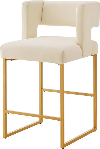 Counter Height Bar Stools with Unique Square Open Backrest, Set of 2 Bar Chairs with Sturdy Iron Legs, 26" H Counter Height Chairs for Kitchen Islands, Cream,Gold