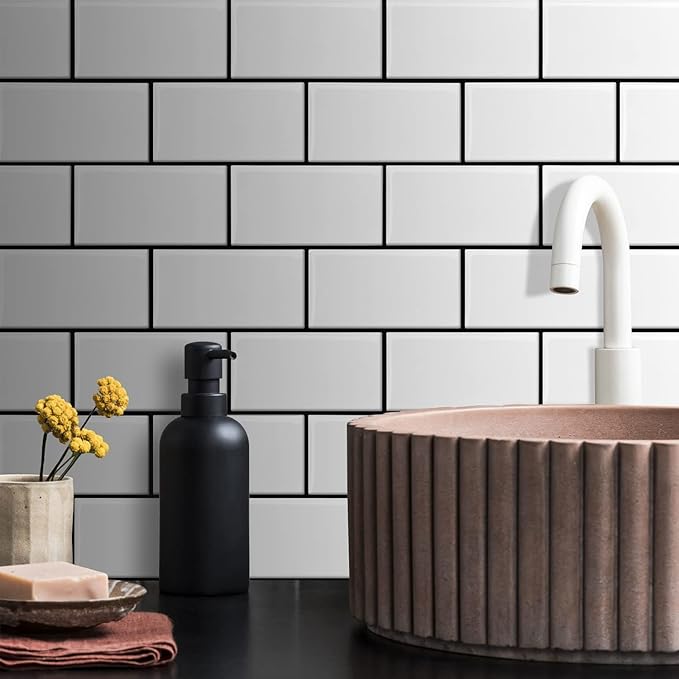 STICKGOO 10-Sheet Backsplash Peel and Stick Subway Tile, Self Adhesive Vinyl Wall Tiles, Stick on Backsplash for Kitchen and Bathroom(Thicker Design, White with Black Grout)