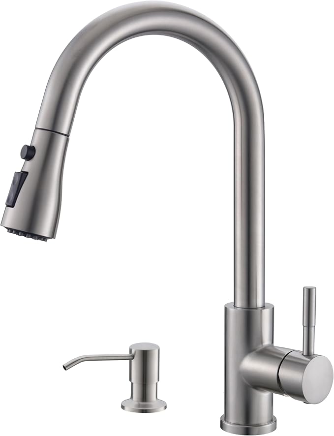 GIMILI Kitchen Faucet with Soap Dispenser Single Hole Kitchen Sink Faucet with Pull Down Sprayer Suitable for Farmhouses RV Laundry Room Outdoor and Campers Brushed Nickel