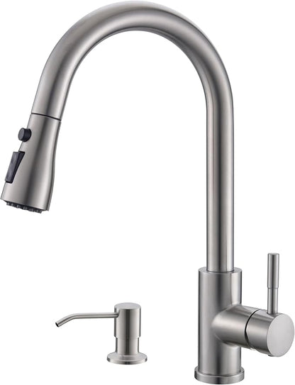 GIMILI Kitchen Faucet with Soap Dispenser Single Hole Kitchen Sink Faucet with Pull Down Sprayer Suitable for Farmhouses RV Laundry Room Outdoor and Campers Brushed Nickel