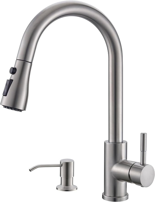 GIMILI Kitchen Faucet with Soap Dispenser Single Hole Kitchen Sink Faucet with Pull Down Sprayer Suitable for Farmhouses RV Laundry Room Outdoor and Campers Brushed Nickel