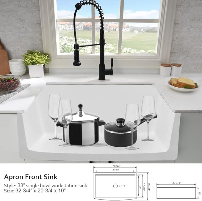33 Inch White Farmhouse Sink Workstation-Hovheir 33x21 Apron Front Farm Sink White Fireclay Porcelain Ceramic Farmhouse Kitchen Sinks Workstation Deep Single Bowl Farmer Sinks with Cutting Board