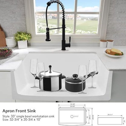 33 Inch White Farmhouse Sink Workstation-Hovheir 33x21 Apron Front Farm Sink White Fireclay Porcelain Ceramic Farmhouse Kitchen Sinks Workstation Deep Single Bowl Farmer Sinks with Cutting Board