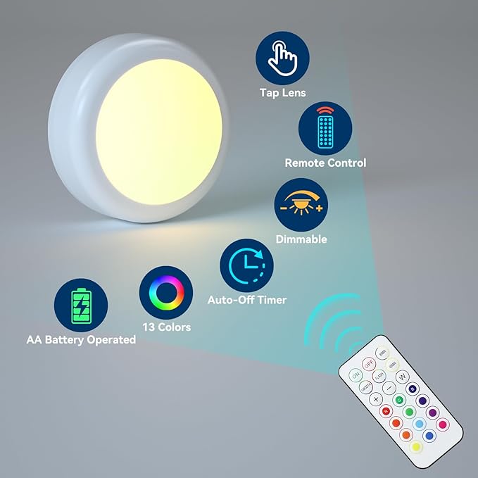 LED Puck Lights with Remote Control, Under Cabinet Lighting Stick on Tap/Push Lights, Battery Operated Closet Lights, Wireless Led Wall Light for Bedroom, Under Counter Light for Kitchen,3 Pack