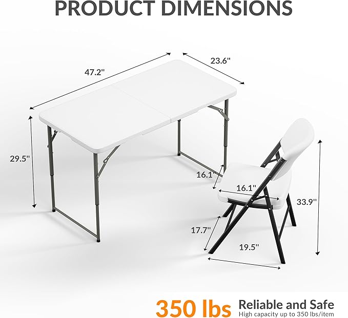 Elevon Folding Table Set with 4 White Folding Chairs,4 Feet Heavy Duty Fold-in-Half Utility Table Sets for Picnic, Event, Training, Outdoor Activities, at Home and Commercial Use