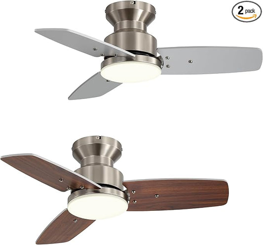 42 Inch Ceiling Fans with Lights and Remote, Bedroom Living Room Office, Flush Mount, 3CCT Dimmable, Dual Color 3 Blades 6 Speed Reversible Quiet DC Motor, Sand-Nickel/Wood Grain, 2 Pack