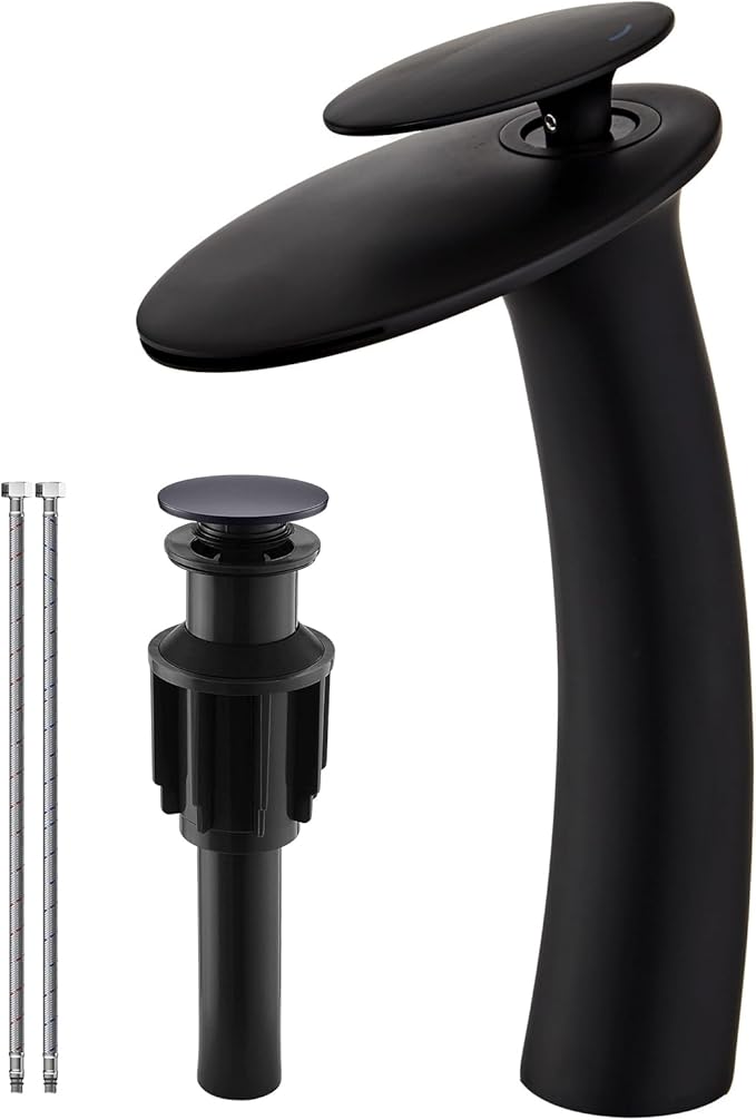 Wovier Matte Black Waterfall Bathroom Faucet,Single Handle Single Hole Brass Lavatory Vanity Vessel Faucet,Slanted Body Basin Mixer Tap Tall Body with Supply Hose and Pop Up Drain Assembly