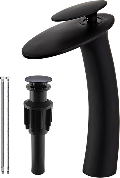 Wovier Matte Black Waterfall Bathroom Faucet,Single Handle Single Hole Brass Lavatory Vanity Vessel Faucet,Slanted Body Basin Mixer Tap Tall Body with Supply Hose and Pop Up Drain Assembly