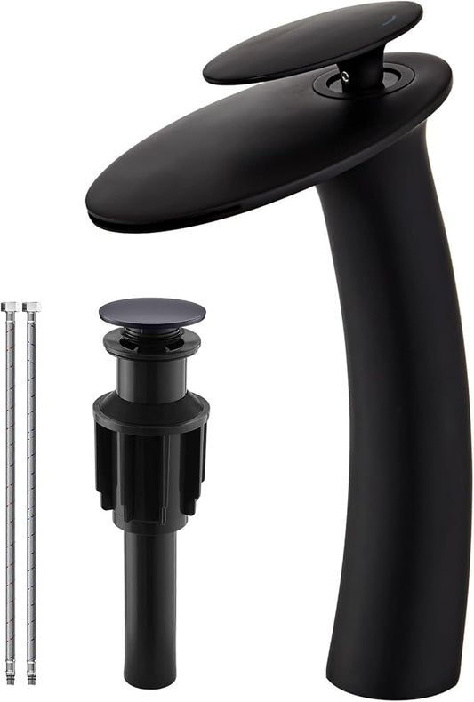 Wovier Matte Black Waterfall Bathroom Faucet,Single Handle Single Hole Brass Lavatory Vanity Vessel Faucet,Slanted Body Basin Mixer Tap Tall Body with Supply Hose and Pop Up Drain Assembly
