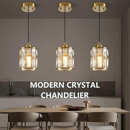 Gold 3 Pack Kitchen Pendant Lighting Over Island Modern Crystal Glass Shade Adjustable Hanging Fixture for Dining Hallway Bedroom Matte