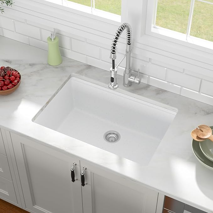 White Undermount In Kitchen Sink 33"x19" Workstation Granite Composite Sink Small Granite Undermount Quartz Modern Under Counter Ledge Single Bowl Kitchen Deep Sinks Basin,LOF-Q457Z