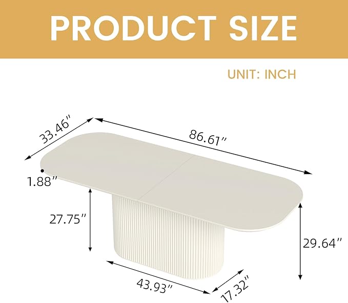 86.6“ Rectangular Dining Table for 6-8 People, Modern Kitchen Dining Room Table with Pedestal Base, Cream White Dining Table Furniture, Mid Century Large Table for Apartment Home Living Room
