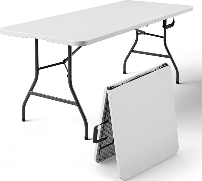 6FT Folding Table, Heavy Duty Plastic Table with Handel, 300 lbs Portable Table, Reinforced Steel Legs, Fold-in-Half Table Ideal for Parties, Picnics, Weddings, Camping White