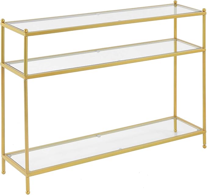 Convenience Concepts Royal Crest Glass Console Hall Table 42" - 3 Tier Modern, Contemporary Narrow Display Accent with Storage Shelves for Living Room, Entryway, Hallway, & Bedroom, Gold