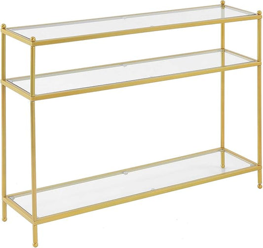 Convenience Concepts Royal Crest Glass Console Hall Table 42" - 3 Tier Modern, Contemporary Narrow Display Accent with Storage Shelves for Living Room, Entryway, Hallway, & Bedroom, Gold