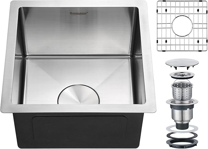 15x15 Inch Bar Sink Undermount, 18 Gauge Stainless Steel Small Kitchen Sink, Handmade Single Bowl Wet Bar Sinks with Rinse Grid (Brushed)
