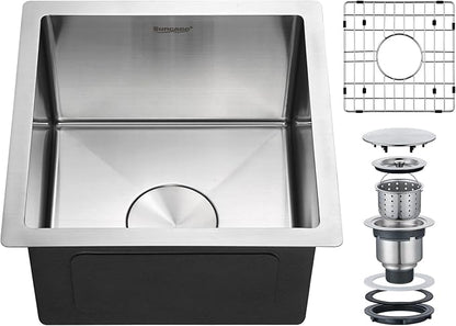 15x15 Inch Bar Sink Undermount, 18 Gauge Stainless Steel Small Kitchen Sink, Handmade Single Bowl Wet Bar Sinks with Rinse Grid (Brushed)