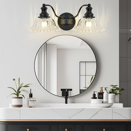 Black Bathroom Light Fixtures Over Mirror, 2 Light Vintage Bathroom Vanity Light Fixture with Clear Flower Glass Shades, Retro Vanity Lights for Bathroom, Bathroom Vanity Lights Over Mirror