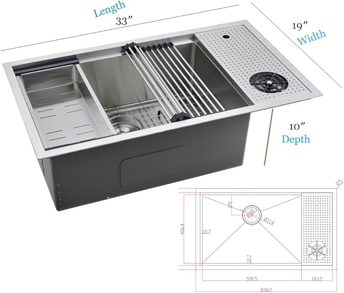 33 Inch Undermount Kitchen Sink with Glass Rinser -Bokaiya 33x19 Stainless Steel Kitchen Sinks Undermount Workstation Sink 16 Gauge Multifunctional Single Bowl Deep Kitchen Sink with Cutting Board