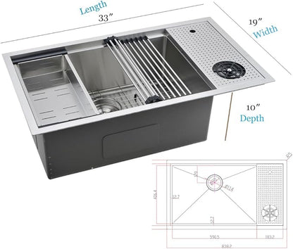 33 Inch Undermount Kitchen Sink with Glass Rinser -Bokaiya 33x19 Stainless Steel Kitchen Sinks Undermount Workstation Sink 16 Gauge Multifunctional Single Bowl Deep Kitchen Sink with Cutting Board