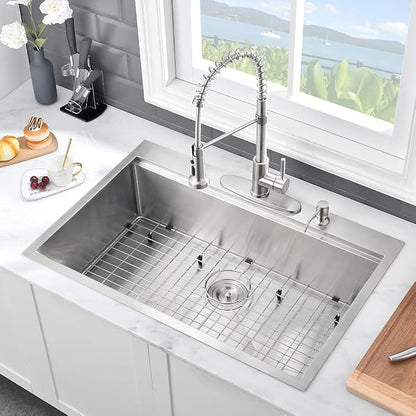 33 Inch Kitchen Sinks Drop In Workstation-VASOYO 33 x 22 Drop In Top Mount Kitchen Sink Stainless Steel 16 Gauge Deep Single Bowl Overmount Sink with Cutting Board