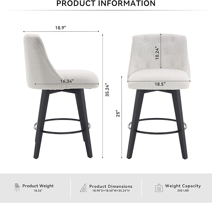 Modern Dining Chairs,Set of 2 - Sturdy and Stylish,Simple Natural Design,Counter Height Bar Stools with Line & Button Tufted Back,Solid Wood Frame Seat for Kitchen Island,Easy Asse,White-Linen-Foam