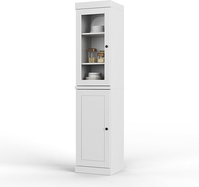 Palace Imports Solid Wood Kitchen Pantry - Narrow Storage Cabinet - 16.5" Wide x 71.5" Tall - 1 Raised Panel & 1 Glass Door, White, Adjustable Shelves, 100% Eco-Friendly Wood, Modular Cabinets