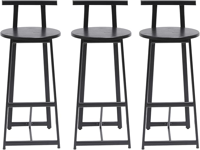 3-Piece Counter Height Bar Stool Set - Armless Back Stools for Kitchen Island (Black + MDF + Modern)