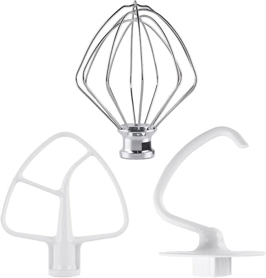 3-Piece Kit Attachments for KitchenAid Tilt-Head Stand Mixer, Accessories Stainless Steel K45WW Wire Whip, K45DH Dough Hook and K45B Coated Flat Blade Paddle with Scraper