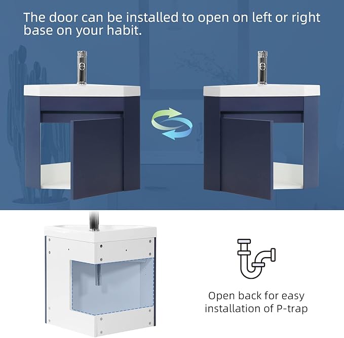 wonline 16" Corner Bathroom Vanity Sink Combo for Small Space Wall Mounted Cabinet Set Design Navy Resin Basin Sink Top Chrome Faucet and Drain