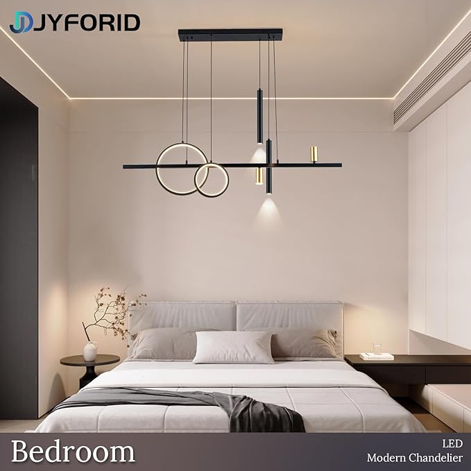 Modern Black LED Dining Room Light Fixture with Remote Control, 47" 36W 3-Color Temp Stepless Dimmable Island Pendant Lights, Hanging Adjustable Linear Chandelier for Kitchen Bar