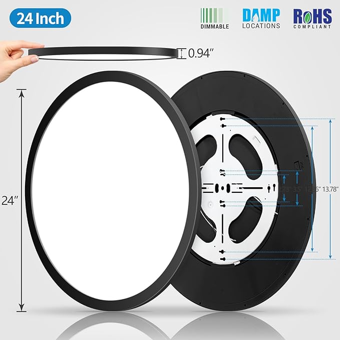 mw LED Flush Mount Ceiling Light, 24 Inch Round Black Ceiling Lights, 48W 120V 5CCT, 24in Dimmable LED Light Fixture for Bedroom, Kitchen, Hall