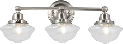 Design House Vintage-Inspired Schoolhouse 3-Light Dimmable Vanity Light, 23.125 in x 7.625 in x 9.5 in, Satin Nickel, Clear Seeded Glass Shades, 589143-SN