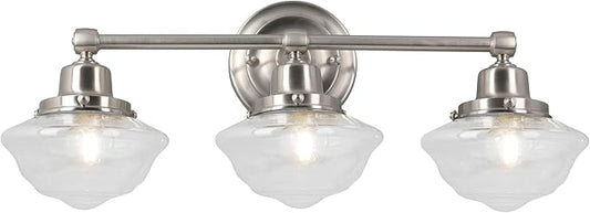Design House Vintage-Inspired Schoolhouse 3-Light Dimmable Vanity Light, 23.125 in x 7.625 in x 9.5 in, Satin Nickel, Clear Seeded Glass Shades, 589143-SN