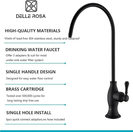 Delle Rosa Drinking Water Purifier Faucet, Commercial Filtration Faucets for Under Sink Water Filter System, Modern Stainless Steel Matte Black Kitchen Bar Sink Drinking Water Faucets,Non-Air Gap